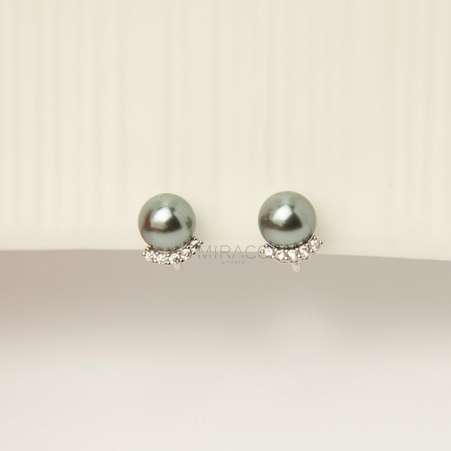 Clip On Pearl Stud Earrings, Dark Grey Pearl CZ Stud Earrings