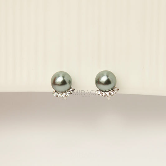 Clip On Pearl Stud Earrings, Dark Grey Pearl CZ Stud Earrings