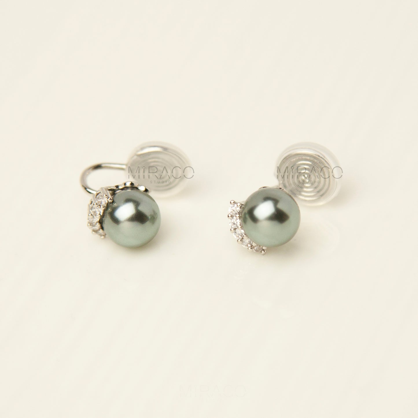 Clip On Pearl Stud Earrings, Dark Grey Pearl CZ Stud Earrings