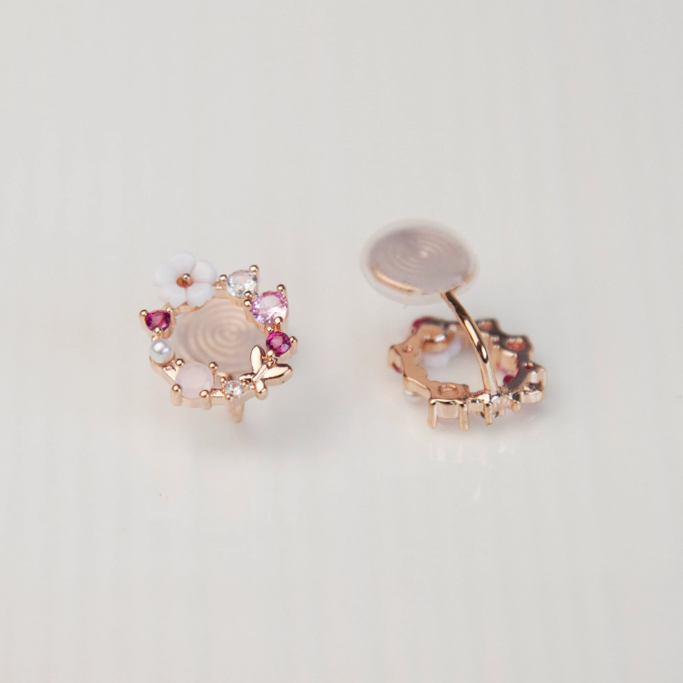 Rose Gold Pink Crystal Floral Open Clip On Earrings