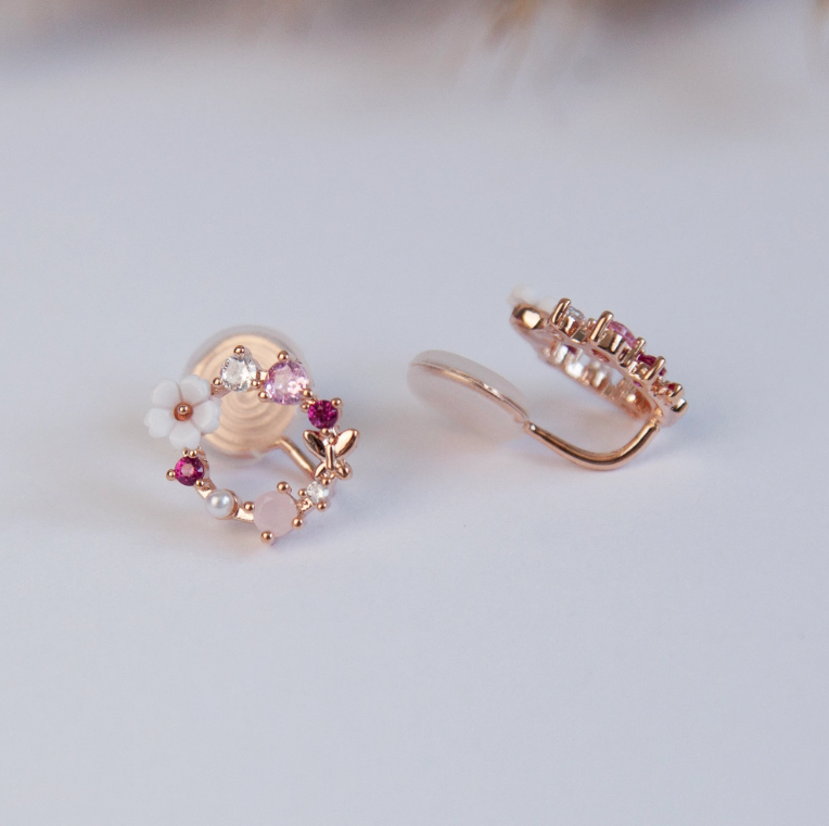 Rose Gold Pink Crystal Floral Open Clip On Earrings