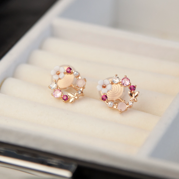 Rose Gold Pink Crystal Floral Open Clip On Earrings