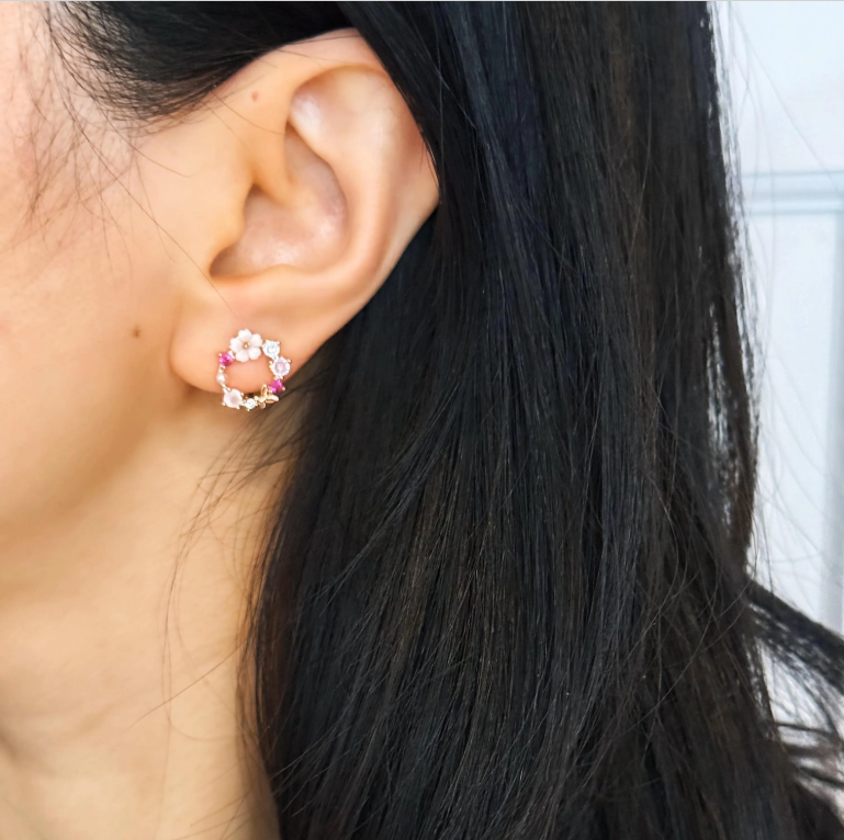 Rose Gold Pink Crystal Floral Open Clip On Earrings