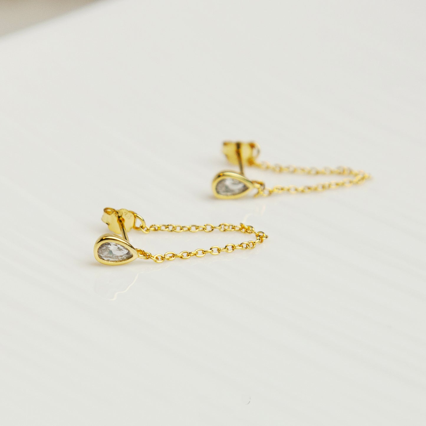 CZ Teardrop Dangle Chain Earrings in Sterling Silver