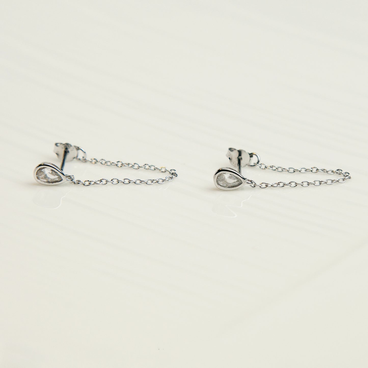 CZ Teardrop Dangle Chain Earrings in Sterling Silver