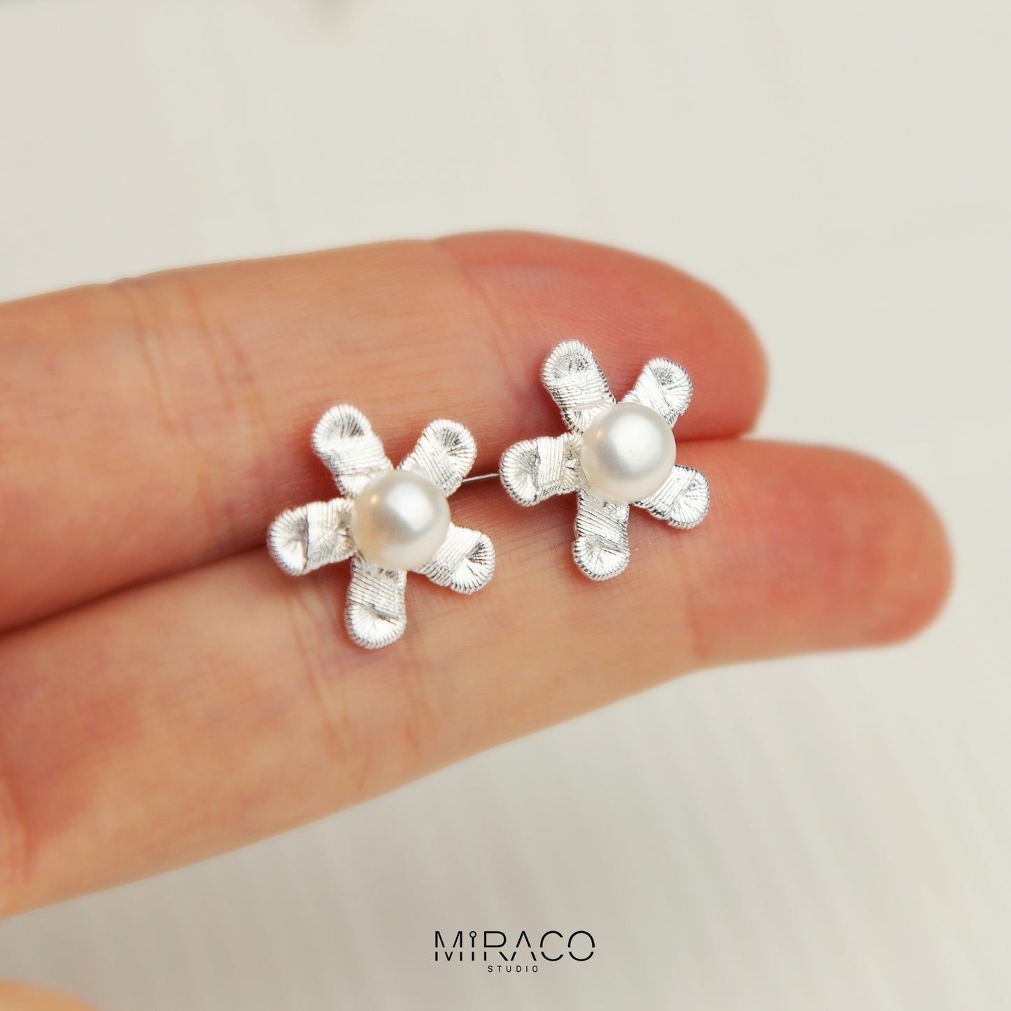 Sterling Silver Flower Stud Earrings with Freshwater Pearls