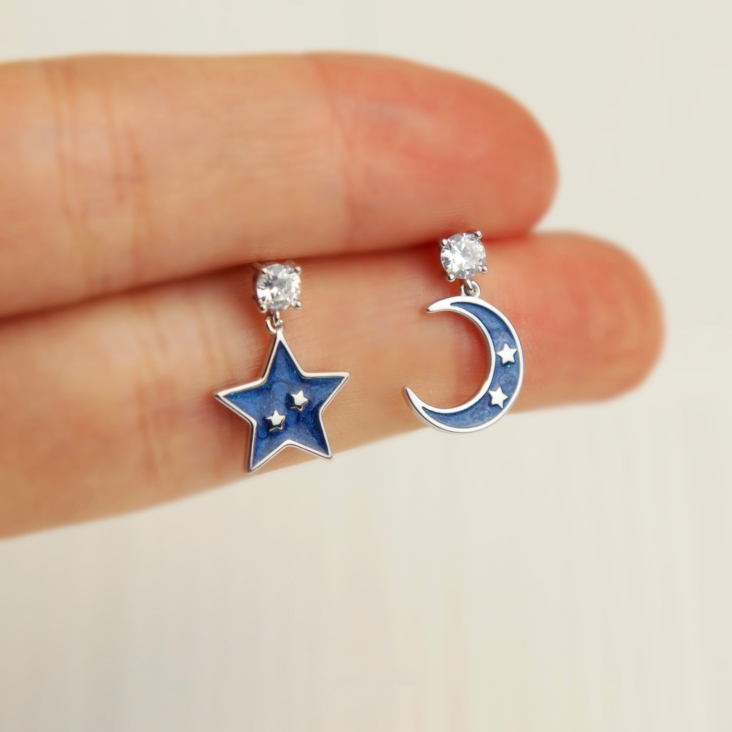 Sterling Silver Blue Moon Star Dangle Drop Earrings