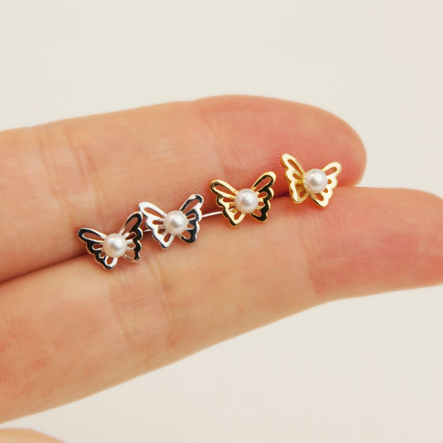 Sterling Silver Butterfly Pearls Stud Earrings