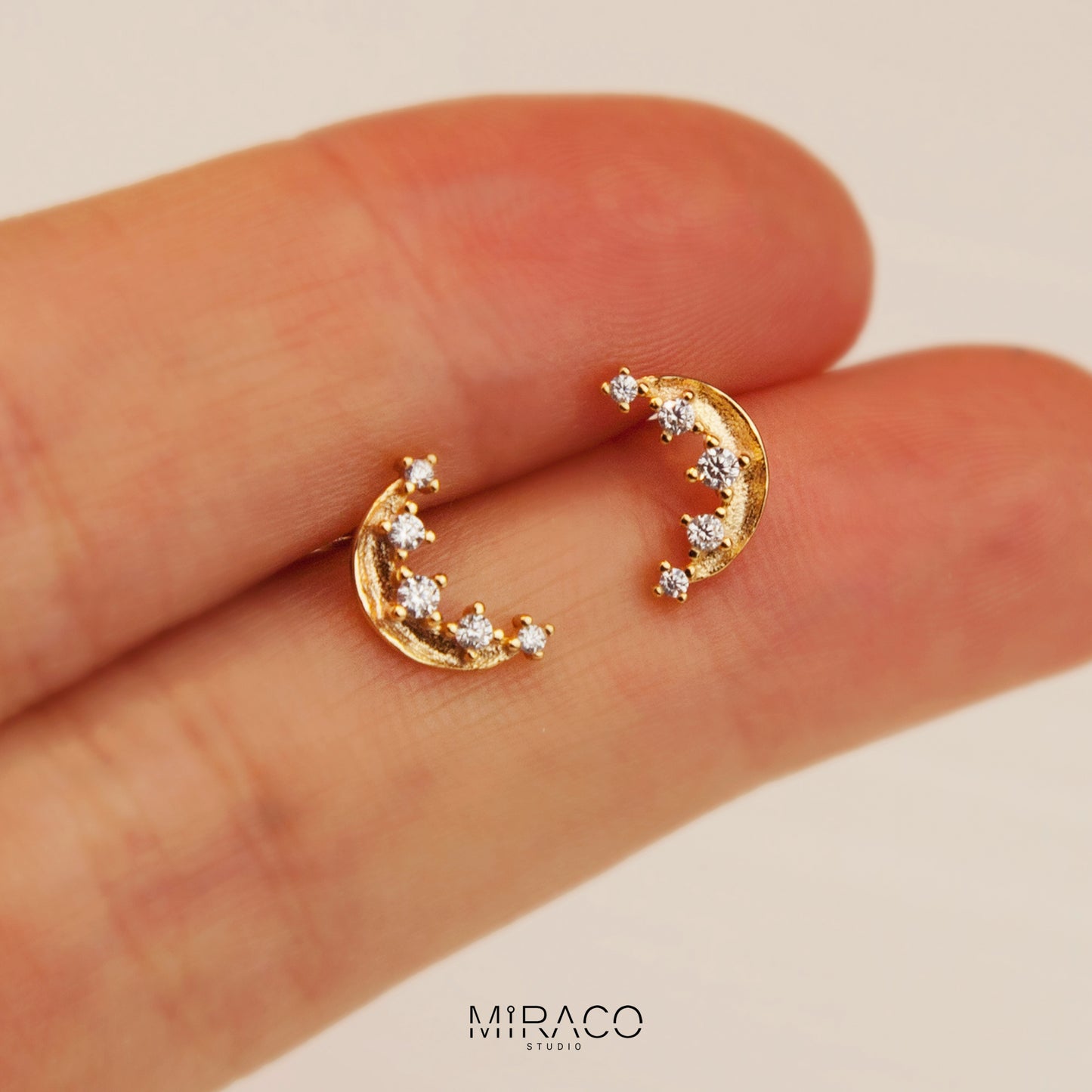 Gold Moon Stud Earrings With CZ Crystals