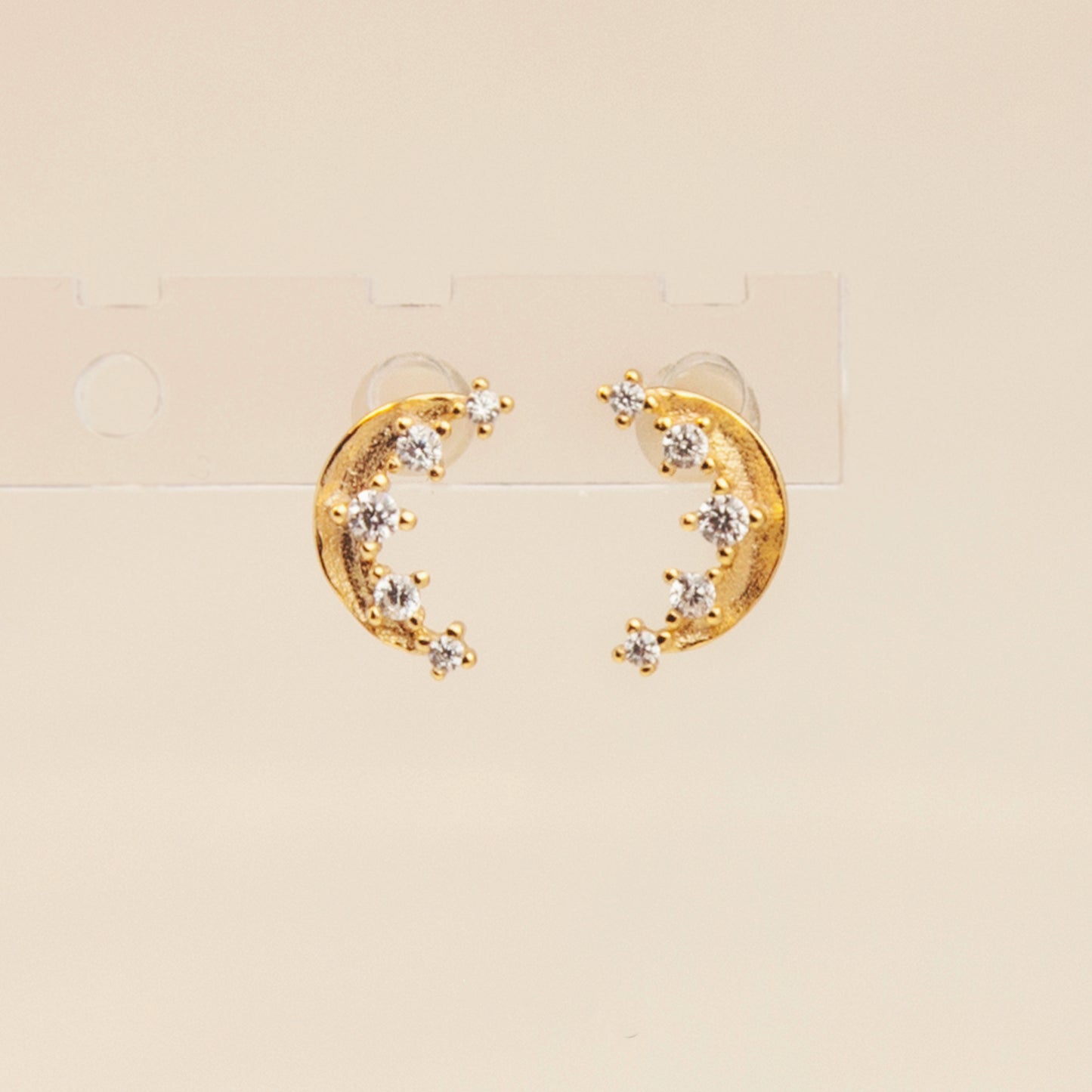 Gold Moon Stud Earrings With CZ Crystals