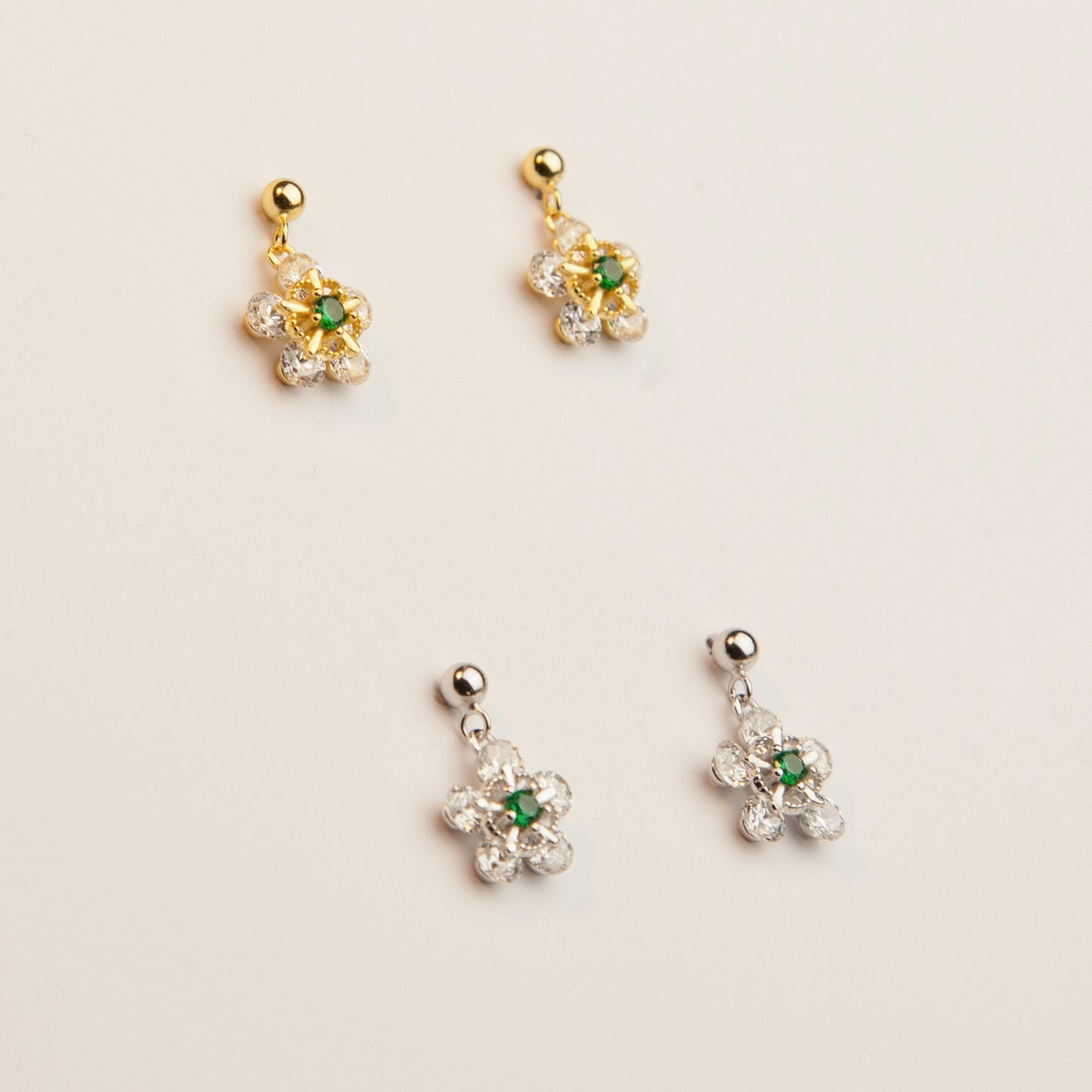 Sterling Silver CZ Flower Dangle Drop Earrings