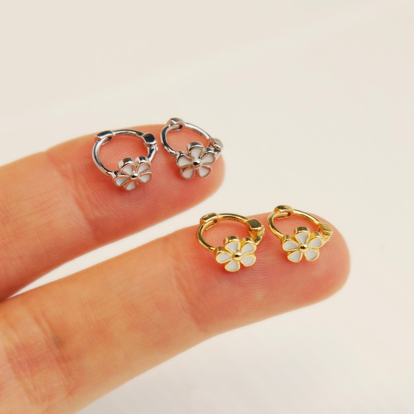 Sterling Silver Tiny Enameled Flower Huggie Hoops