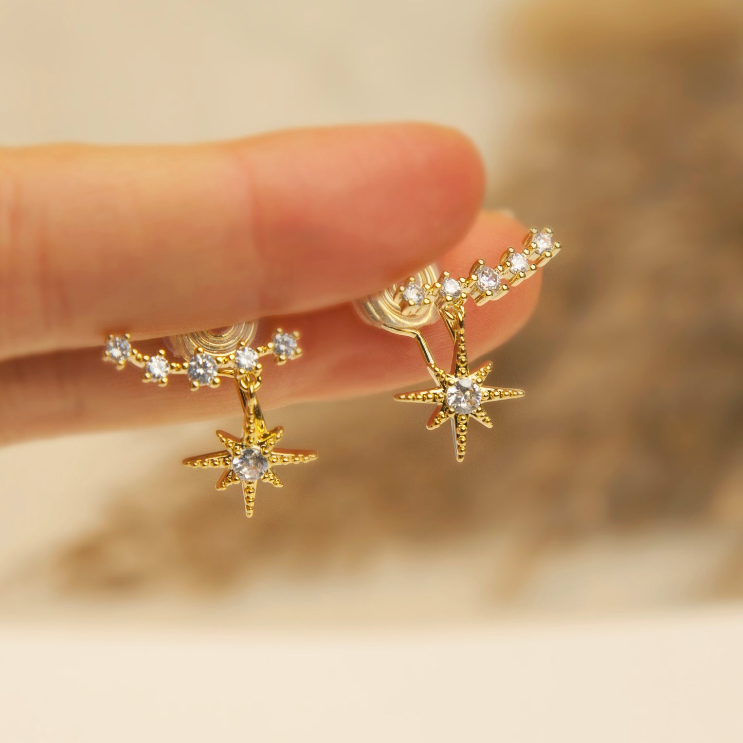 Clip On Crystal Star Climber Stud Earrings