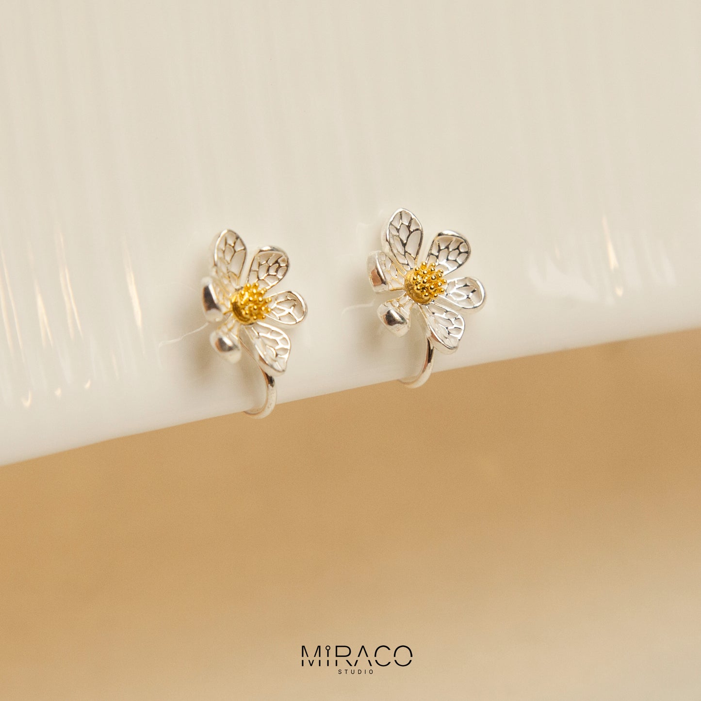 Silver Flower Daisy Stud Clip On Earrings