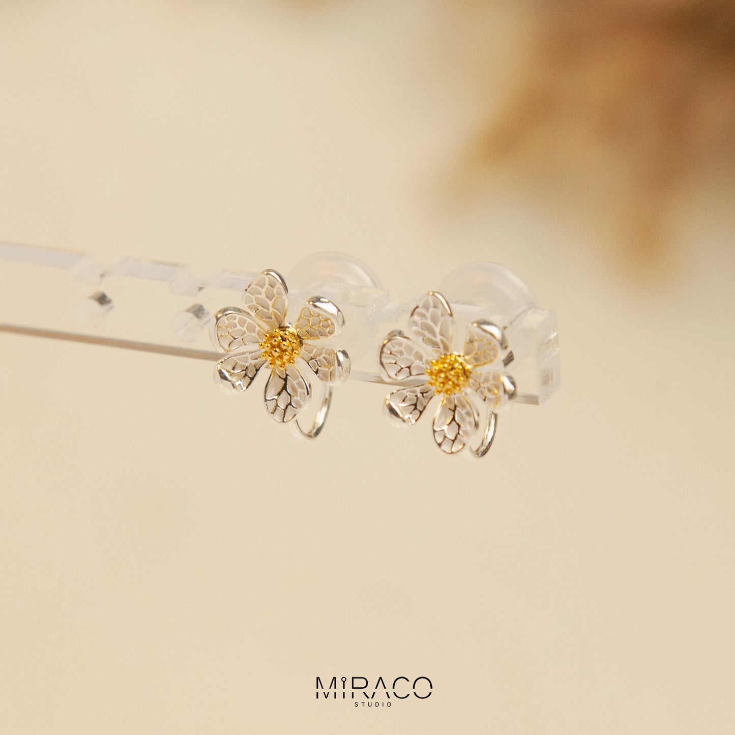 Silver Flower Daisy Stud Clip On Earrings