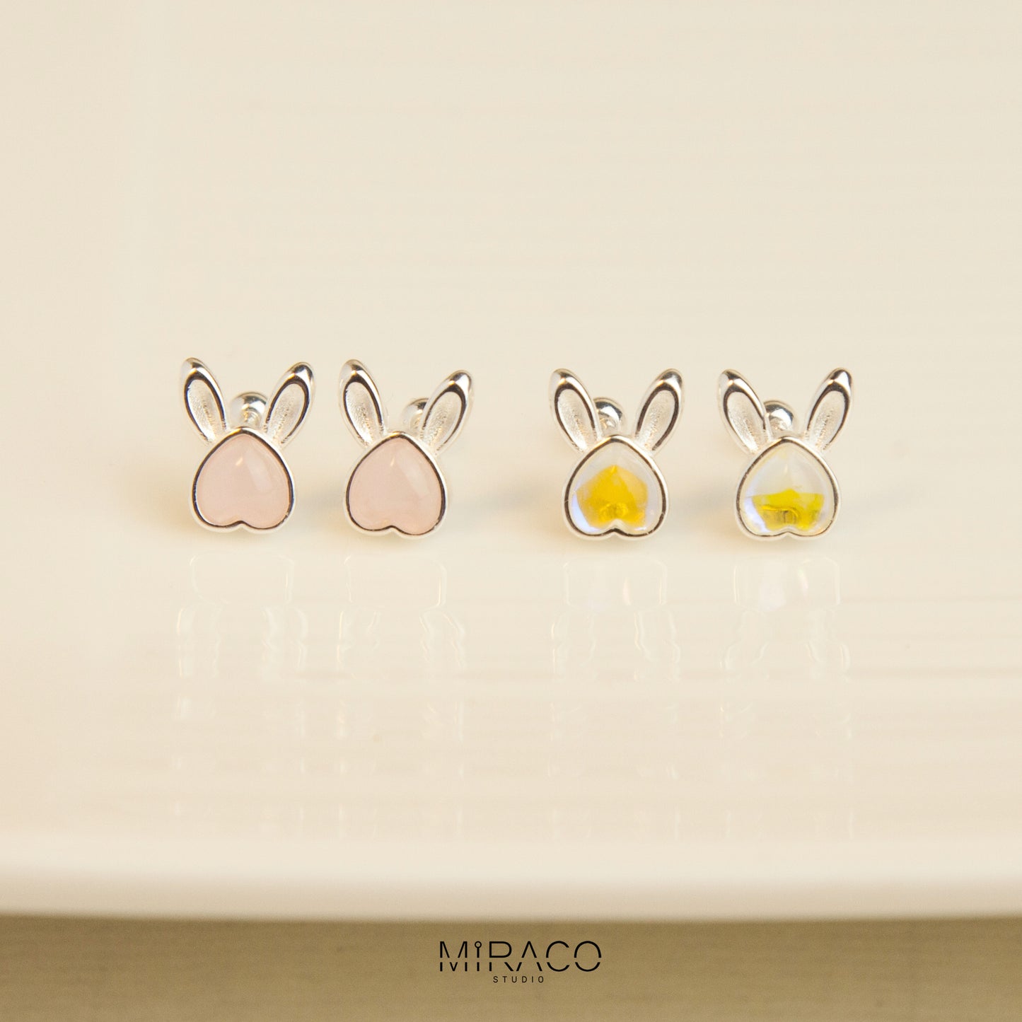 Gemstone Bunny Sterling Silver Stud Earrings with Screw Back