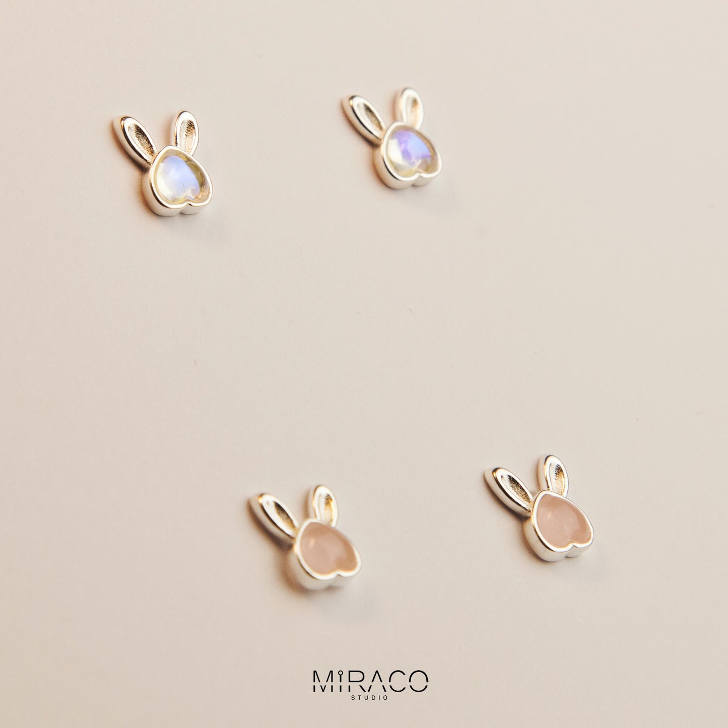 Gemstone Bunny Sterling Silver Stud Earrings with Screw Back