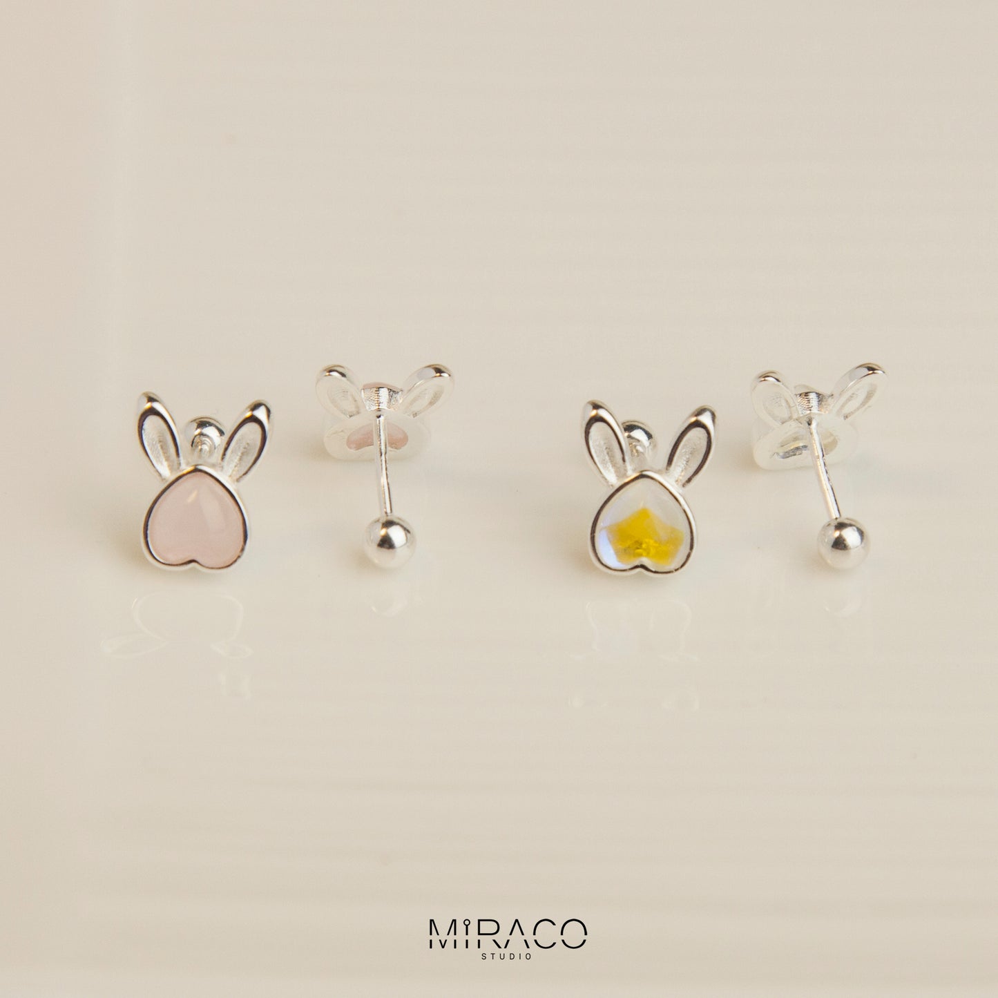 Gemstone Bunny Sterling Silver Stud Earrings with Screw Back