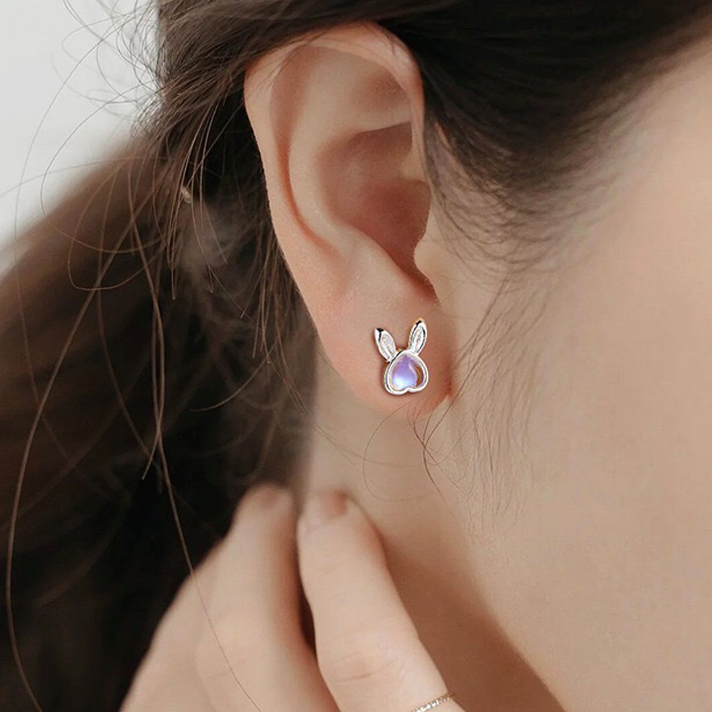 Gemstone Bunny Sterling Silver Stud Earrings with Screw Back