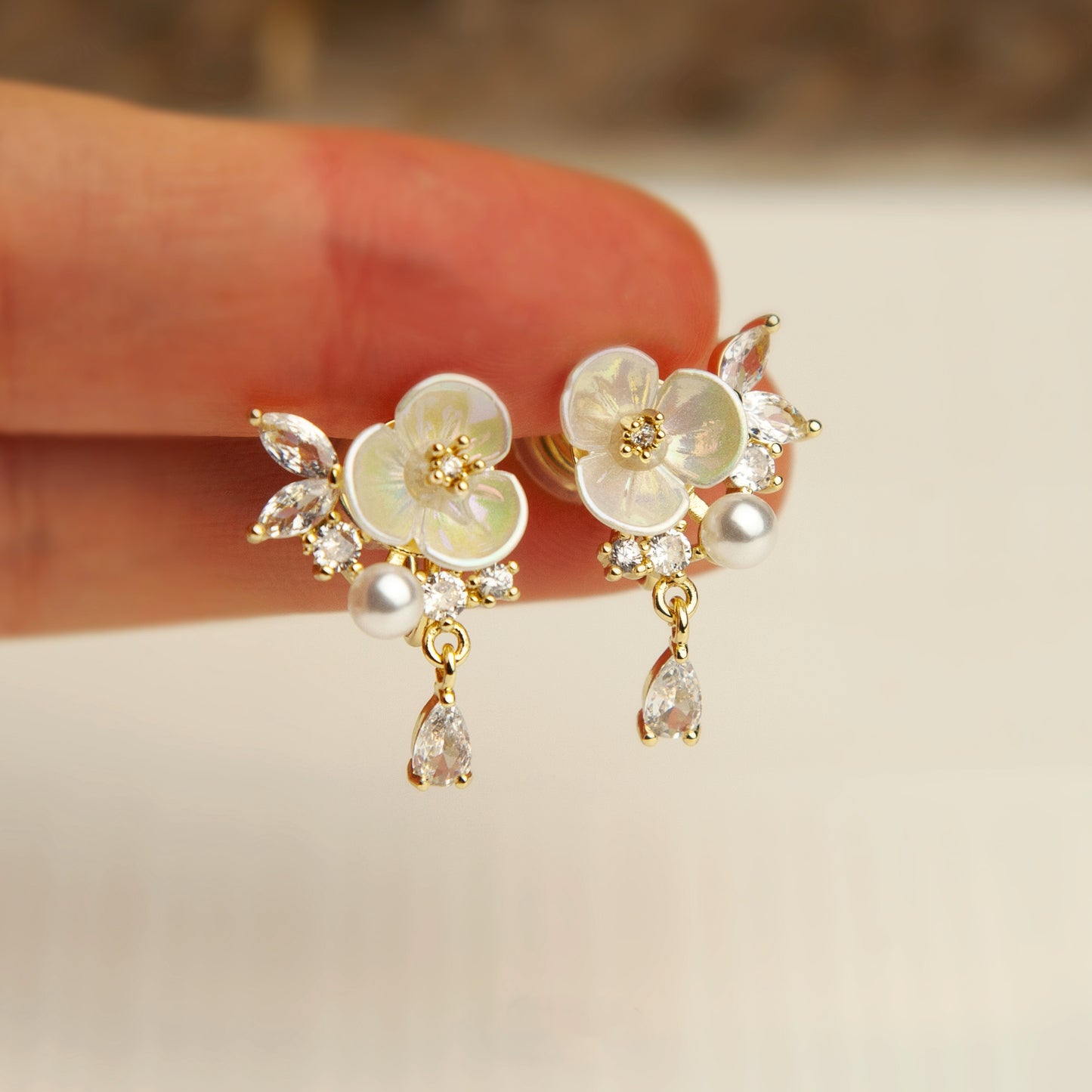 Cream White Pearl Flower Clip-On Earrings with Crystal Leaves