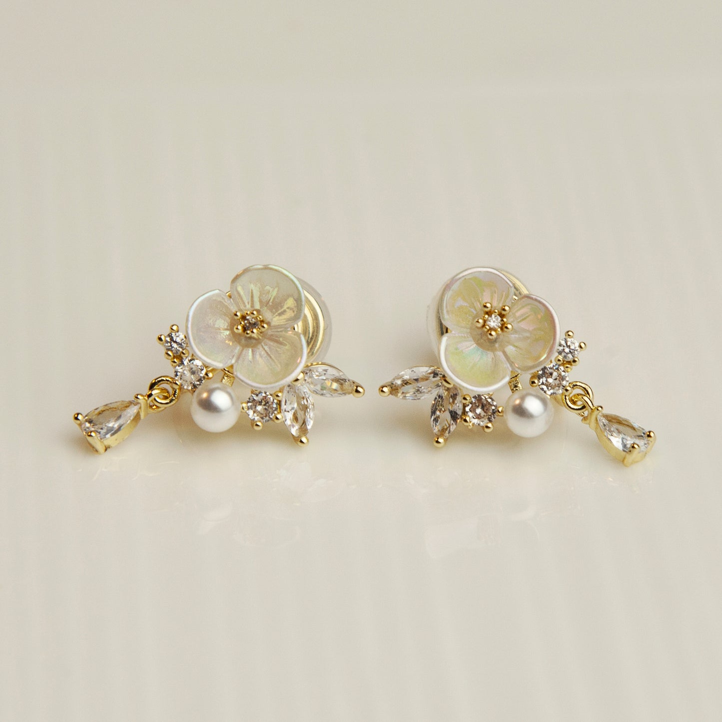 Cream White Pearl Flower Clip-On Earrings with Crystal Leaves