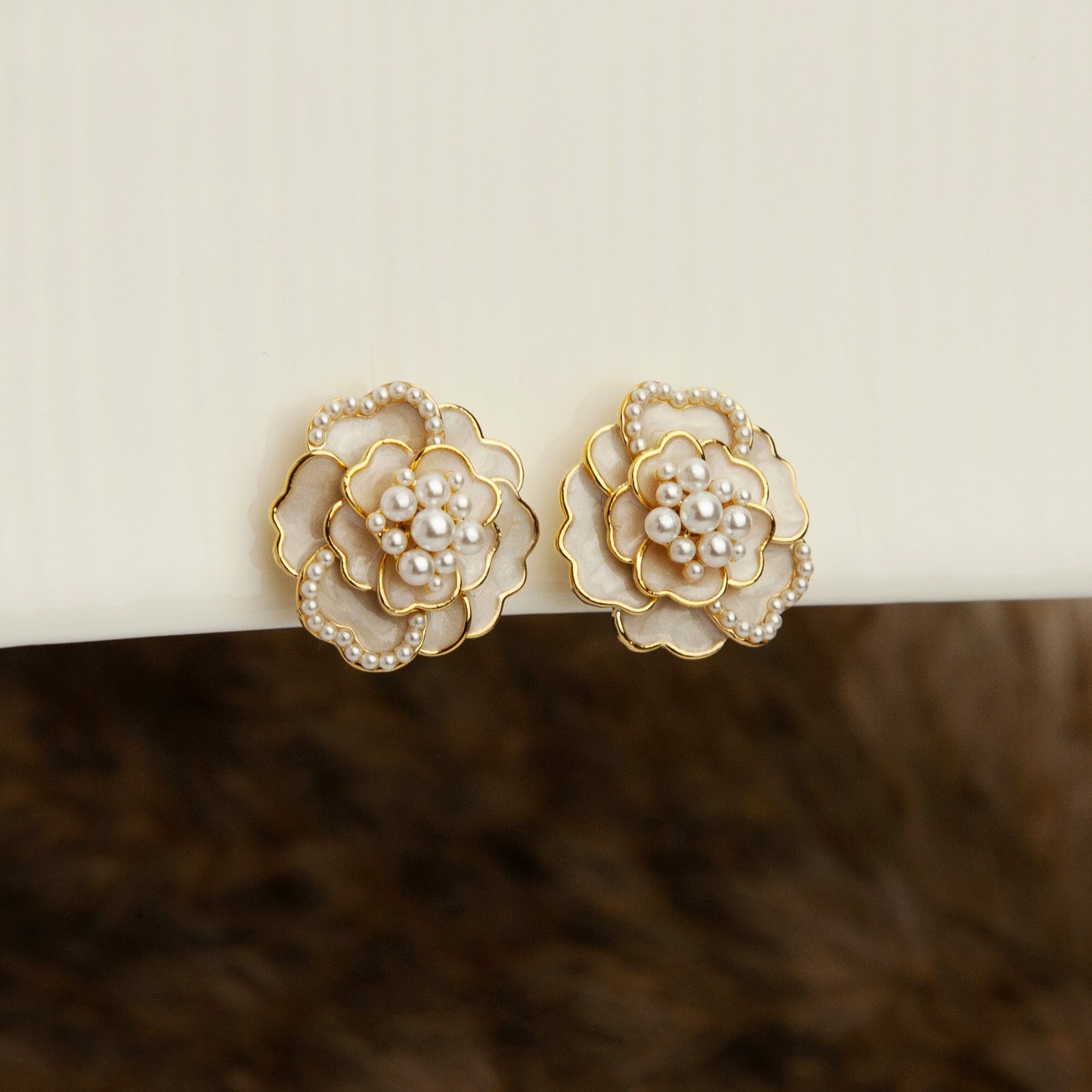 Clip On Cream White Camellia Flower Earrings Pearl Stud Earrings