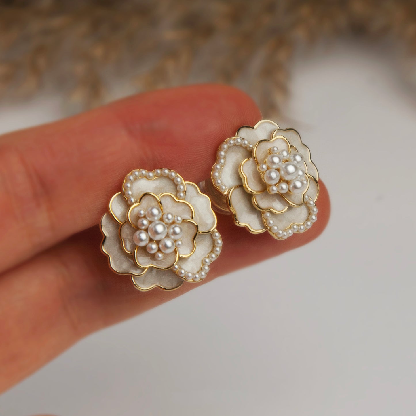 Clip On Cream White Camellia Flower Earrings Pearl Stud Earrings