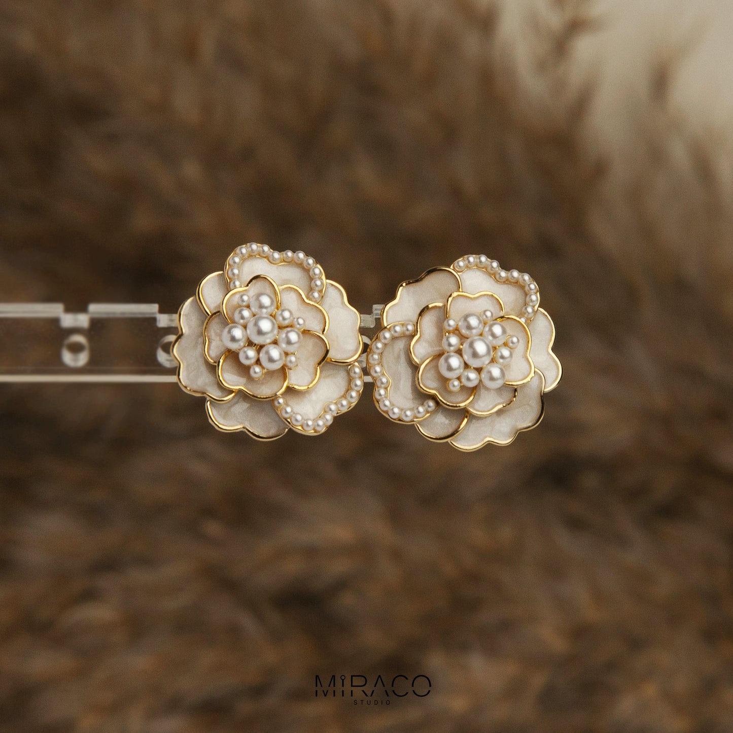 Clip On Cream White Camellia Flower Earrings Pearl Stud Earrings