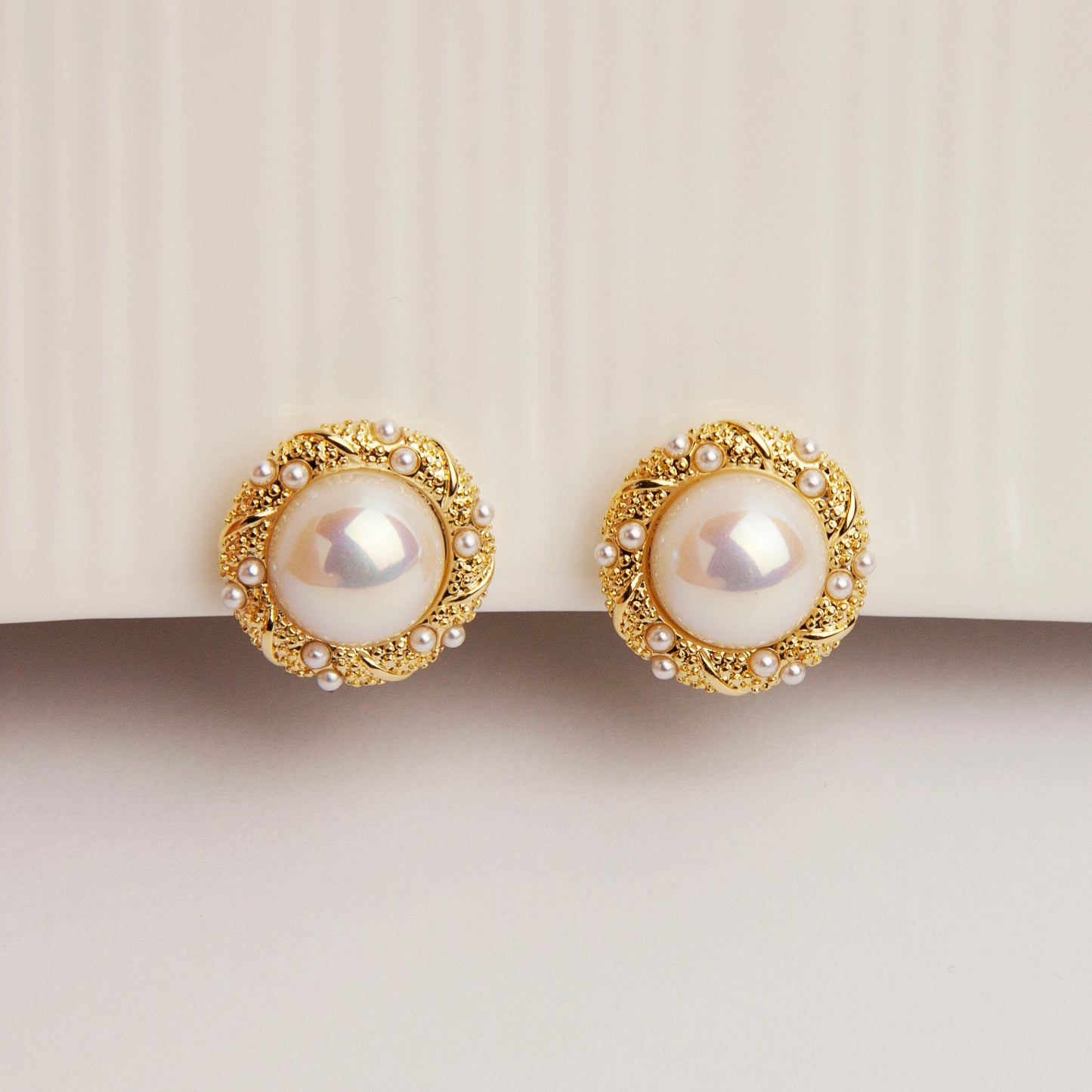 Large Pearl Gold Rim Round Button Clip On Earrings