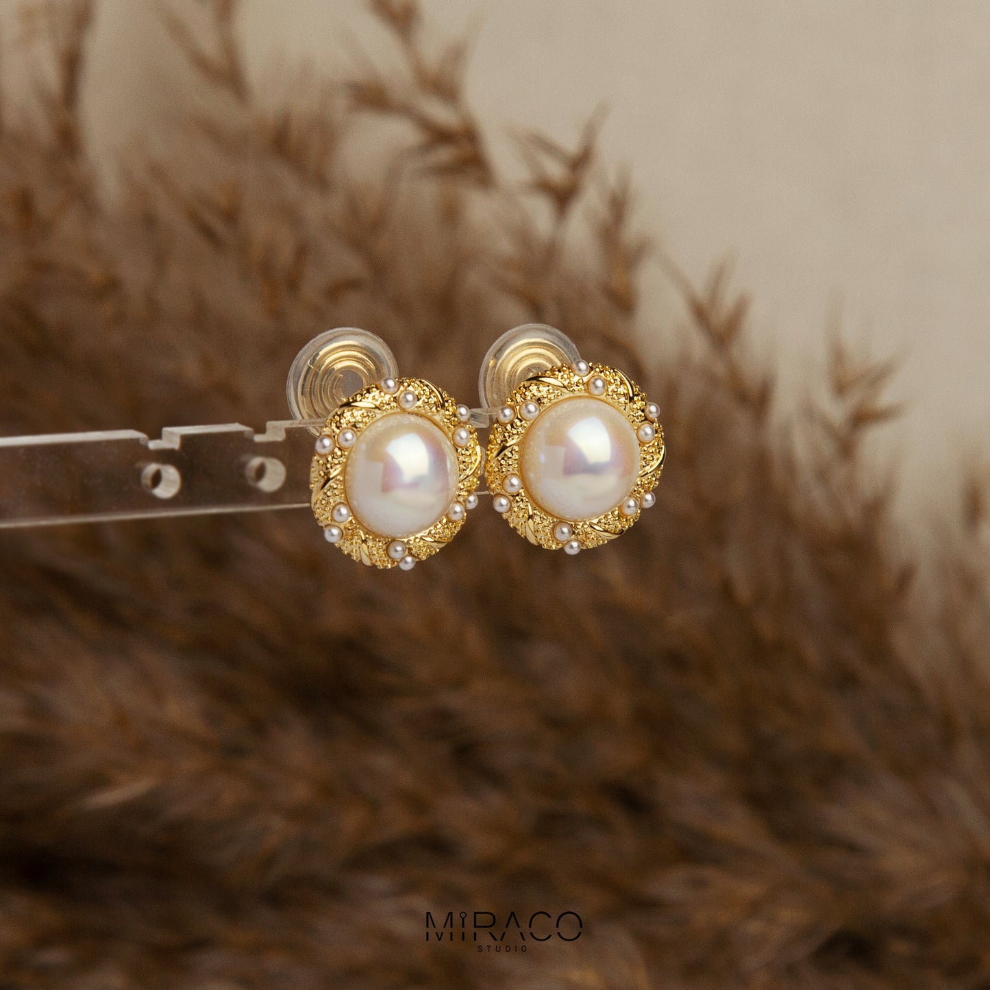 Large Pearl Gold Rim Round Button Clip On Earrings