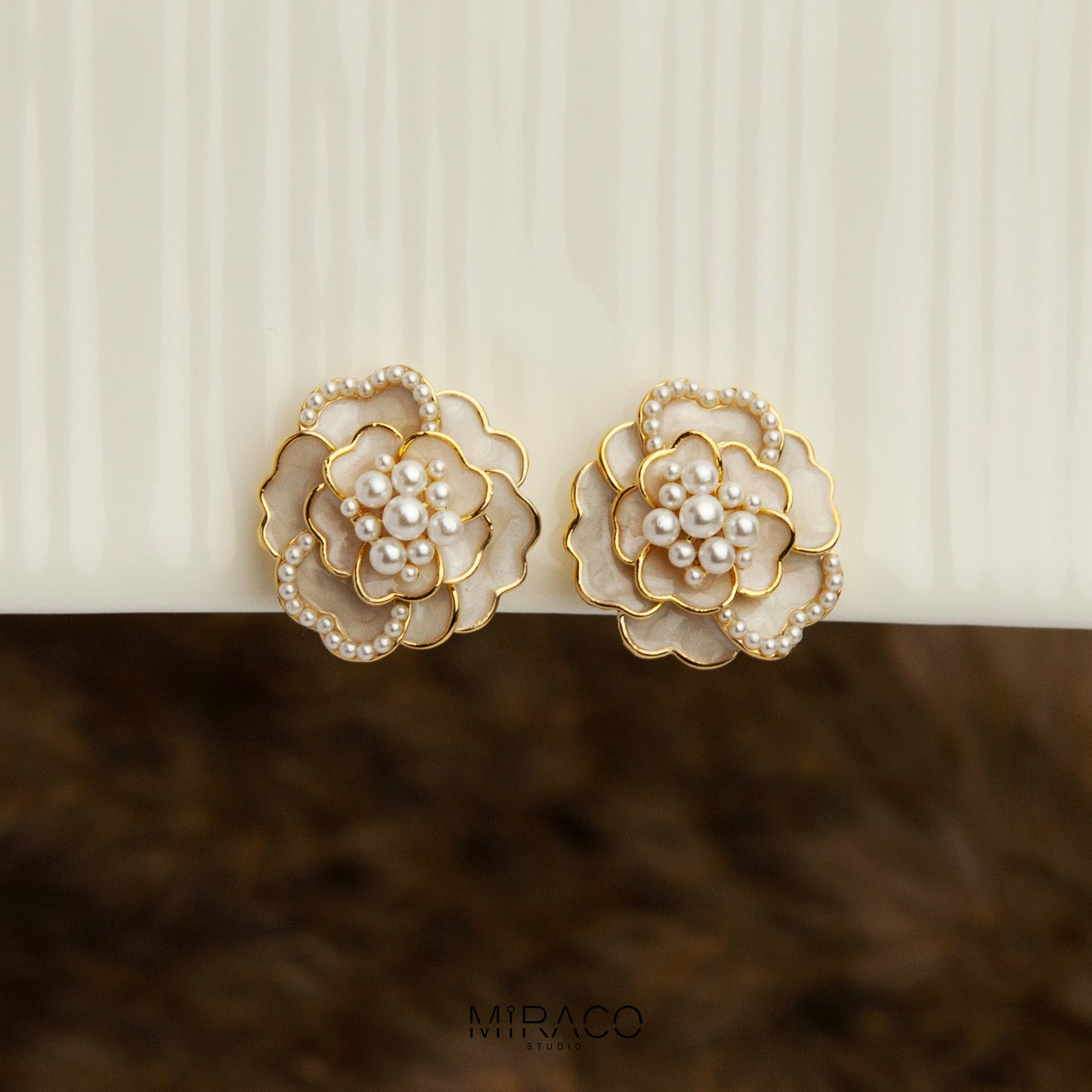 Clip On Cream White Camellia Flower Earrings Pearl Stud Earrings