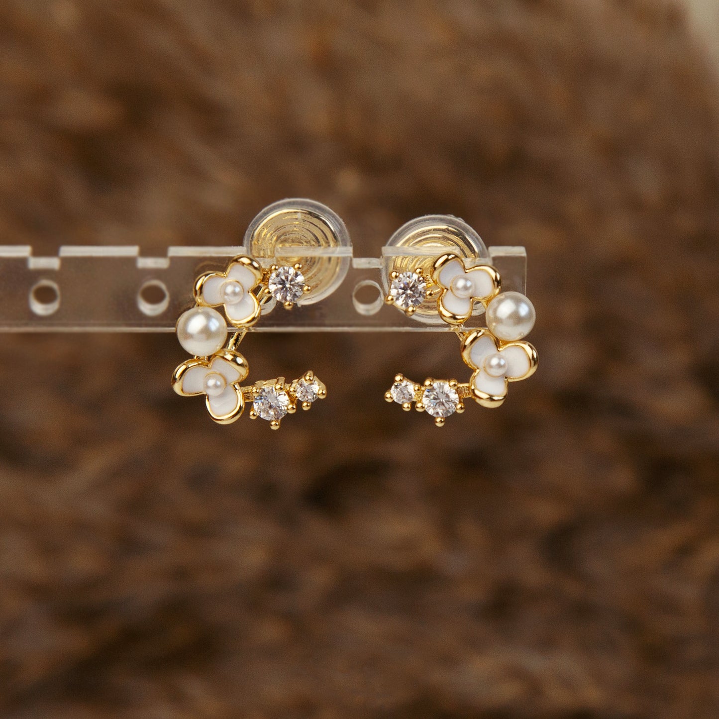 Moon Shape Clip-On Earrings with White Flowers