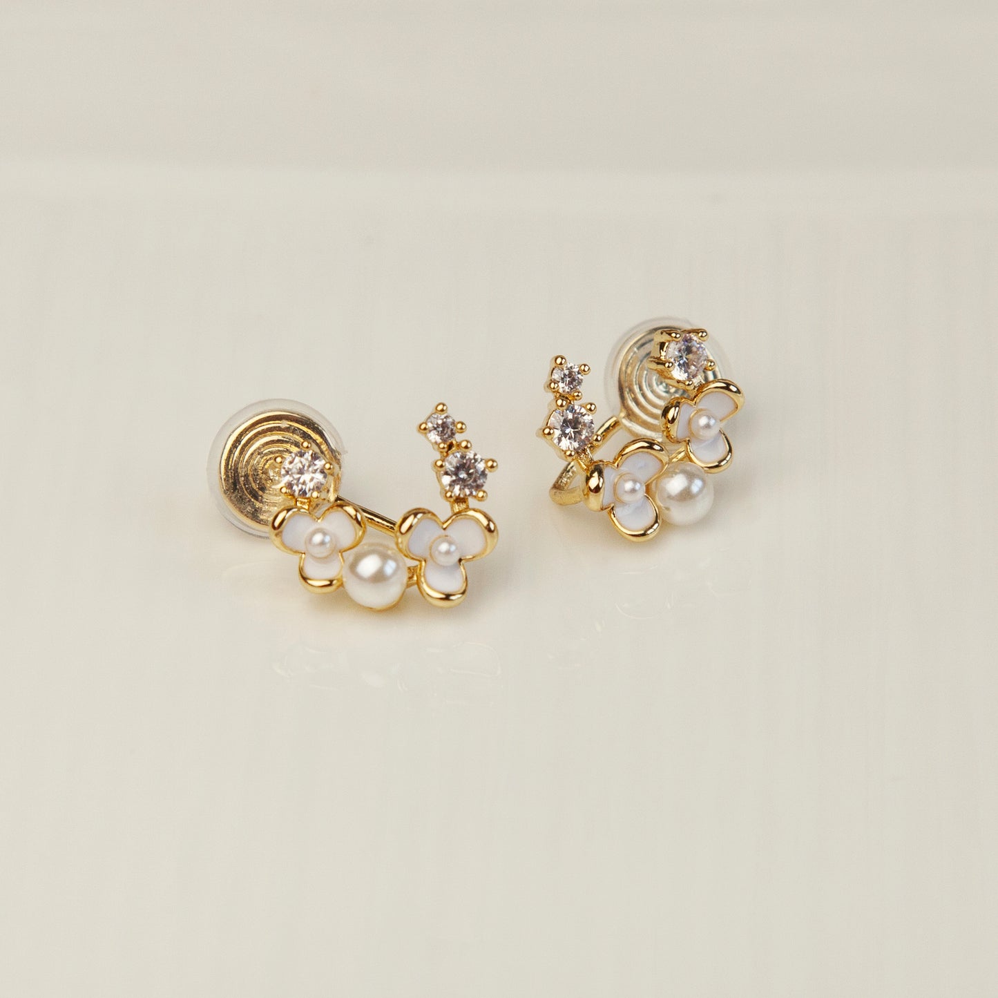 Moon Shape Clip-On Earrings with White Flowers