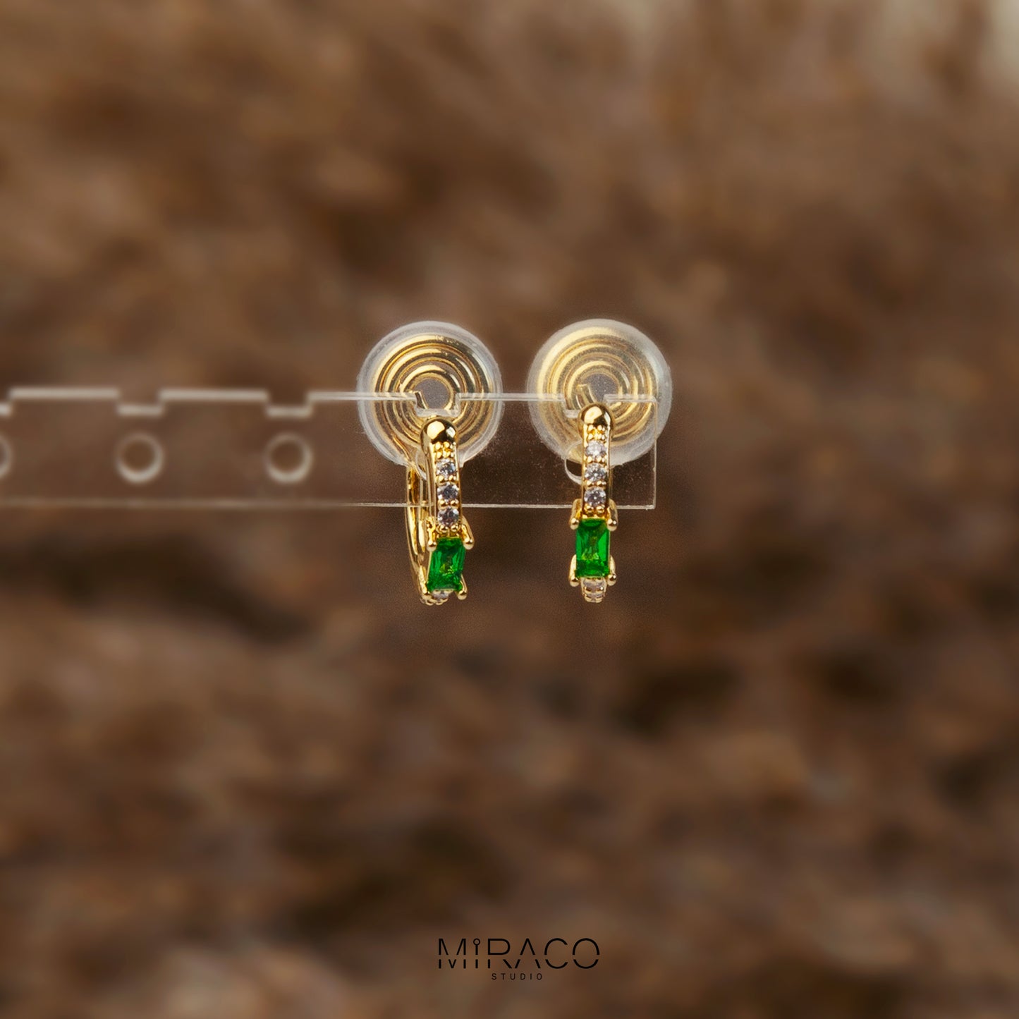 Clip On Huggie Earrings with Small Green Gemstone