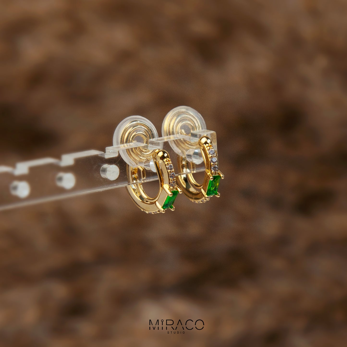 Clip On Huggie Earrings with Small Green Gemstone