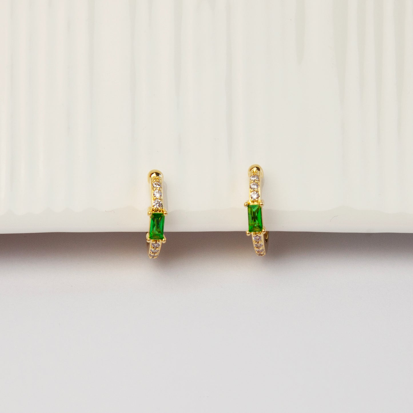 Clip On Huggie Earrings with Small Green Gemstone