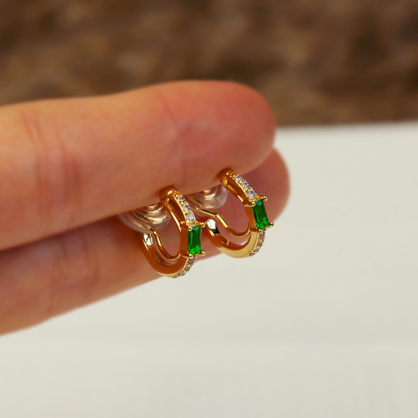 Clip On Huggie Earrings with Small Green Gemstone