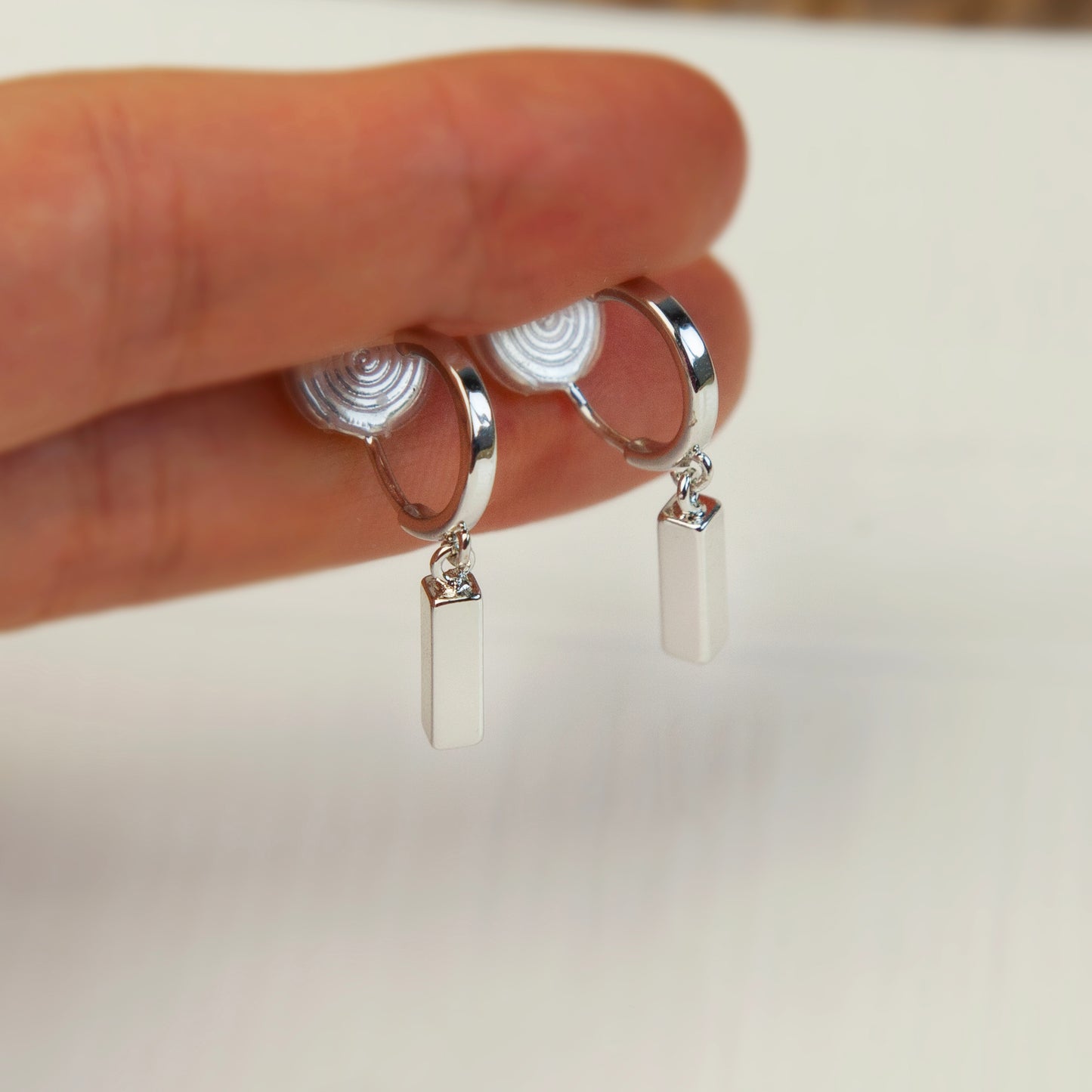 Silver Small Hoop Dangle Earrings with Rectangle Cubes