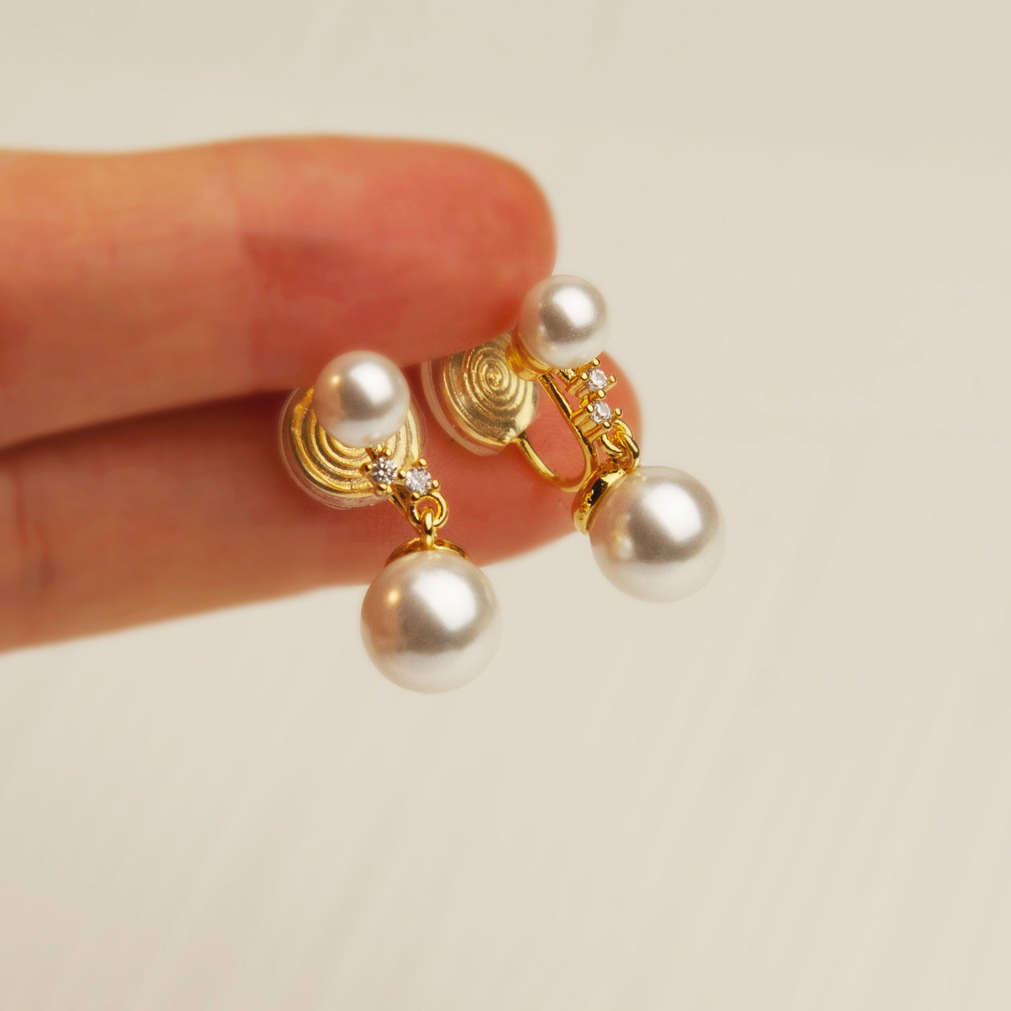 Double Pearls Dangle Clip On Earrings With Small Diamond