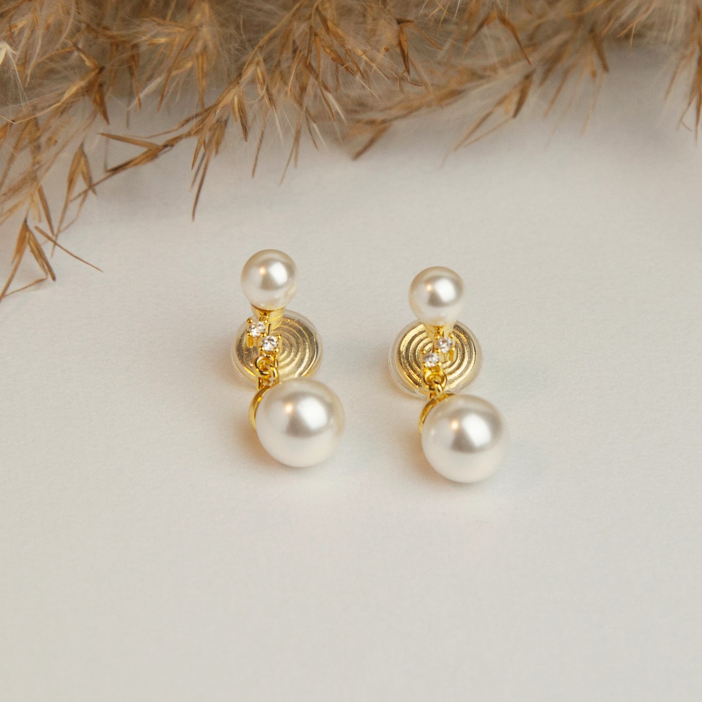 Double Pearls Dangle Clip On Earrings With Small Diamond